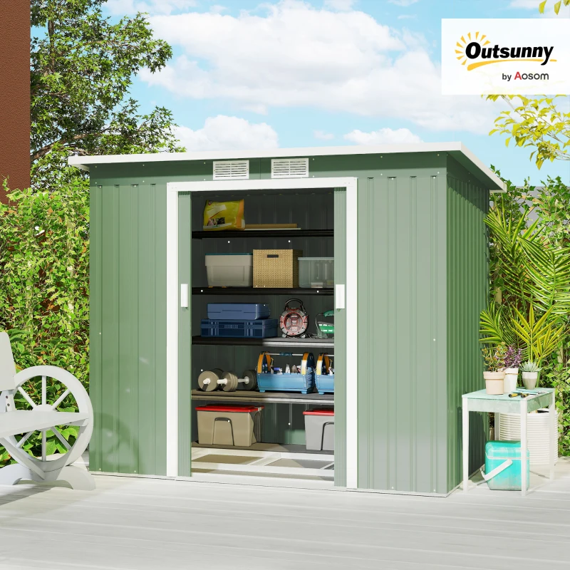 Outsunny Garden Storage Shed Large Steel with Foundation Window Double Door Green(m-2)