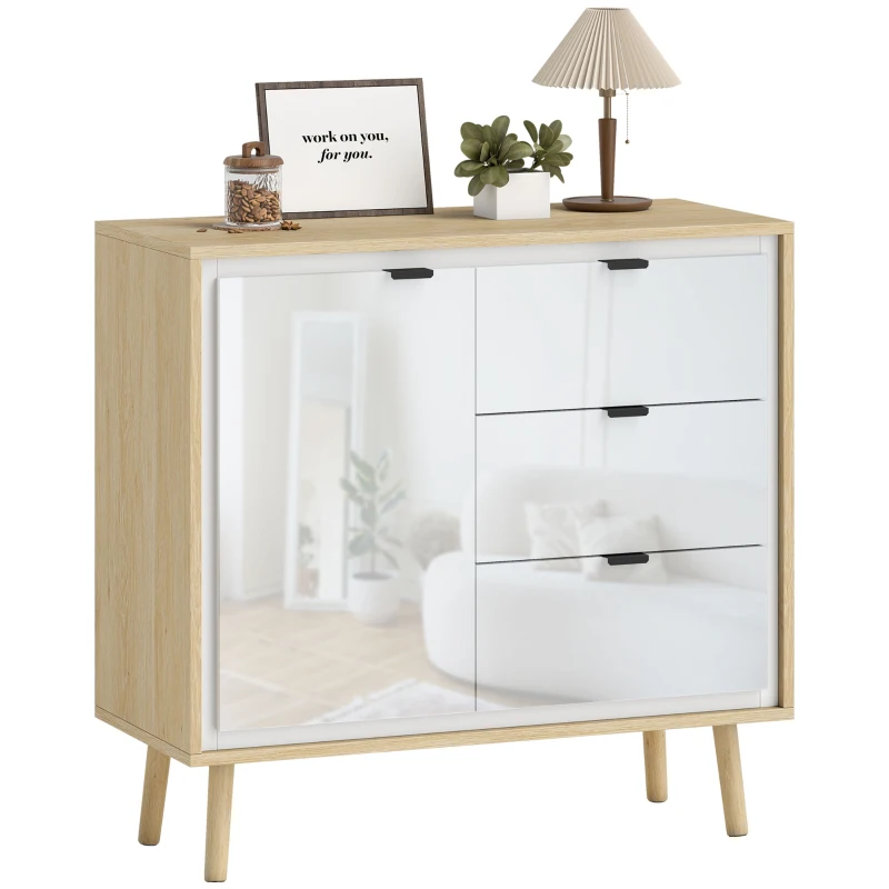 HOMCOM Aparador para Salón Moderno con Puerta 3 Cajones Estante Ajustable para Comedor Entrada 80x35x77 cm Blanco y Roble