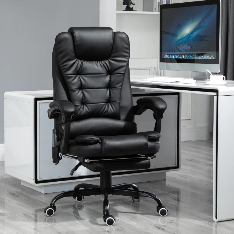 HOMCOM Fauteuil de bureau direction massant chauffant hauteur réglable dossier inclinable repose-pied + coussin lombaires intégrés revêtement synthétique noir
