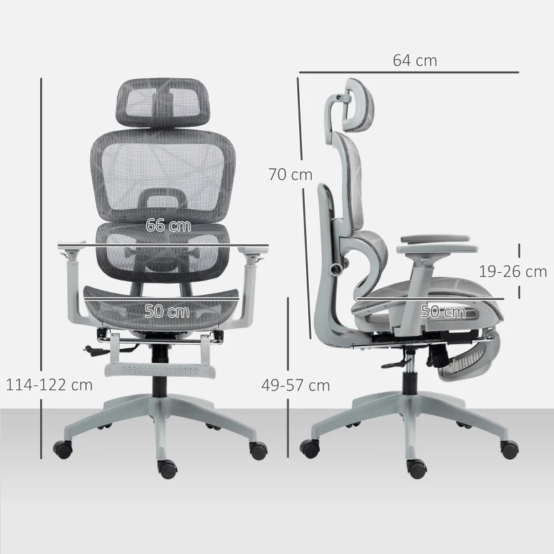 HOMCOM Sillón de oficina, silla de oficina ergonómica de malla con reposabrazos 3D, respaldo reclinable, 66x64x122 cm, gris