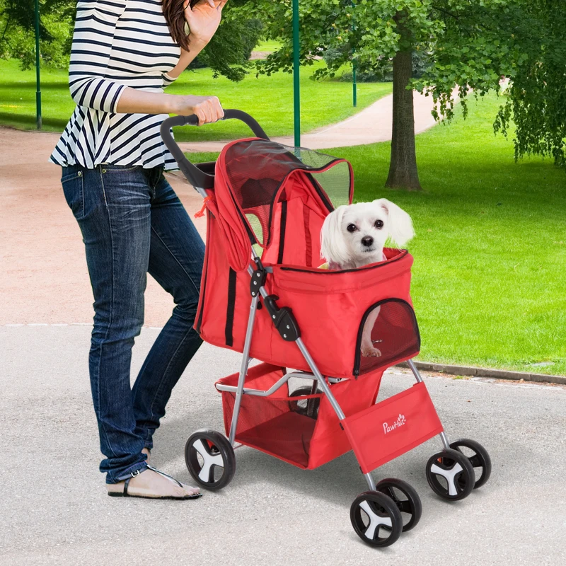 PawHut Poussette buggy pour chiens 77L x 45l x 99,5H cm pliable imperméable tissu 600D Oxford 4 roues rouge
