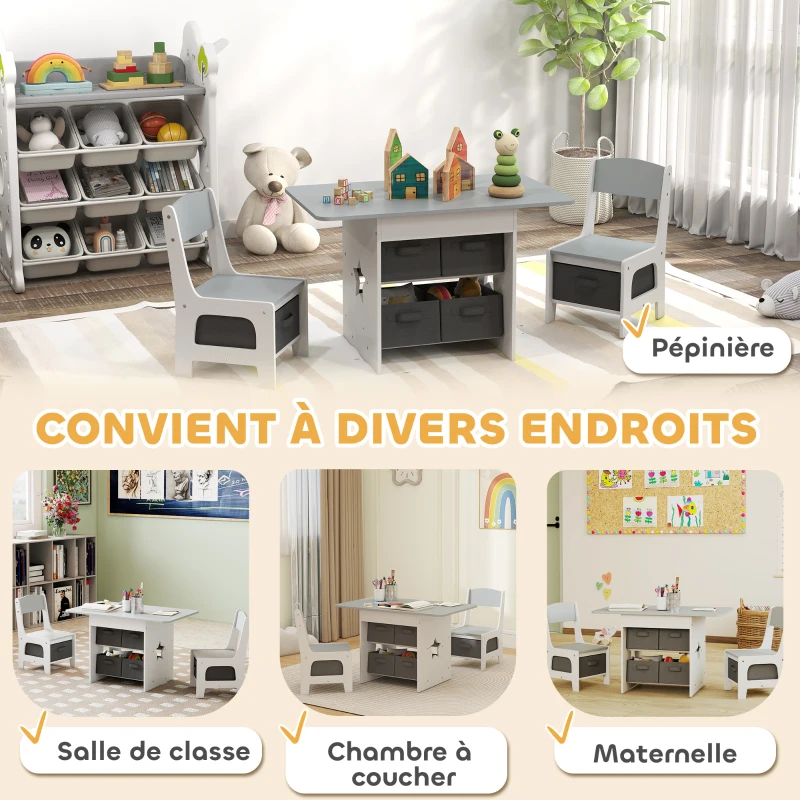 AIYAPLAY Ensemble table et 2 chaises enfant avec 6 tiroirs amovibles, pour fille garçon 3-8 ans, gris