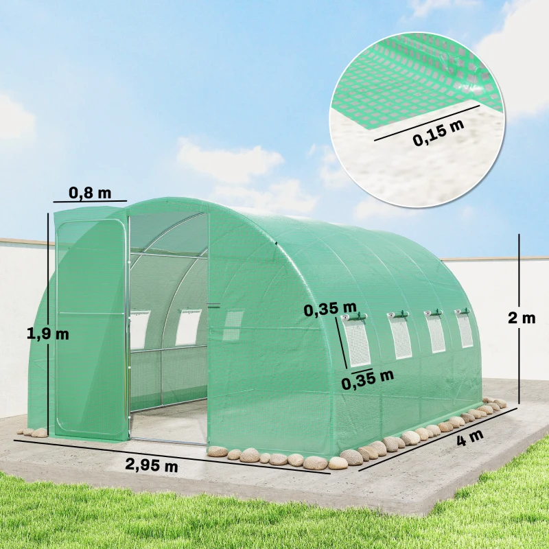 Outsunny Estufa Túnel de Jardim 12 m² Estufa Túnel 295x400x200 cm Porta e 8 Janelas Cobertura PE 140 g/m² Verde
