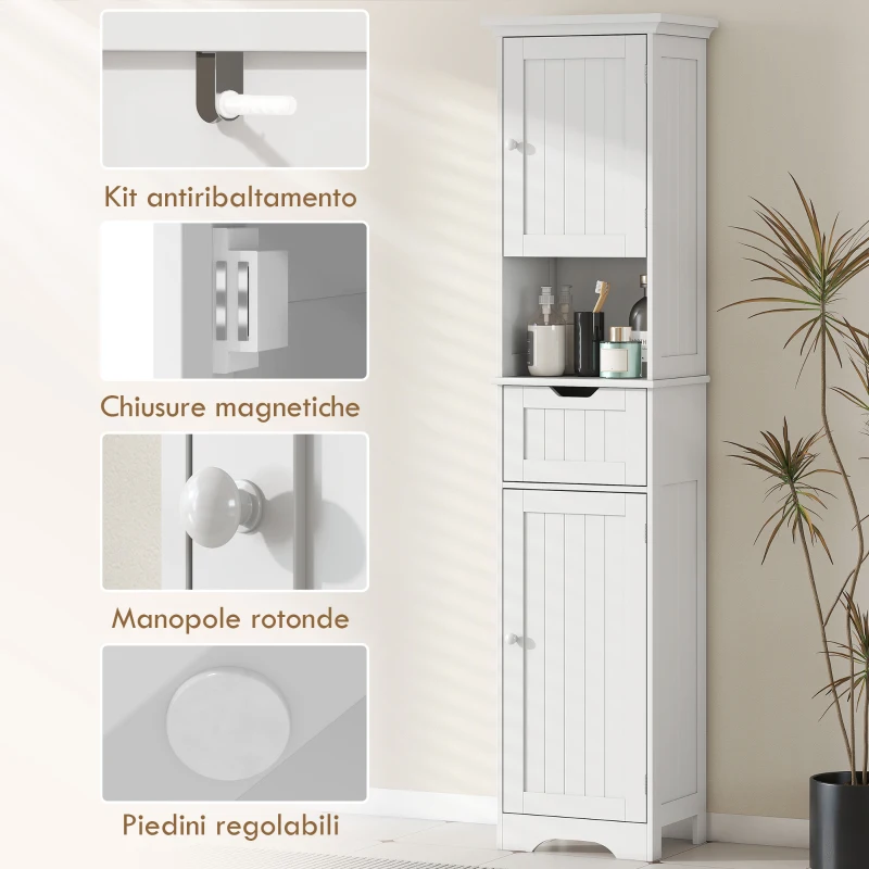 HOMCOM Mobile Colonna Bagno in Legno con 2 Armadietti con Sensore, Ripiano Aperto e Cassetto, 40x30x170 cm, Bianco