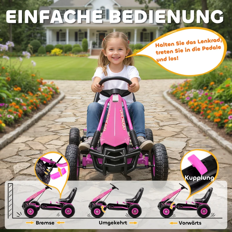 AIYAPLAY Pedal-Gokart für Kinder, höhenverstellbarer Sitz, EVA-Räder, Bremse, Kupplung, 3-8 Jahre, Rosa