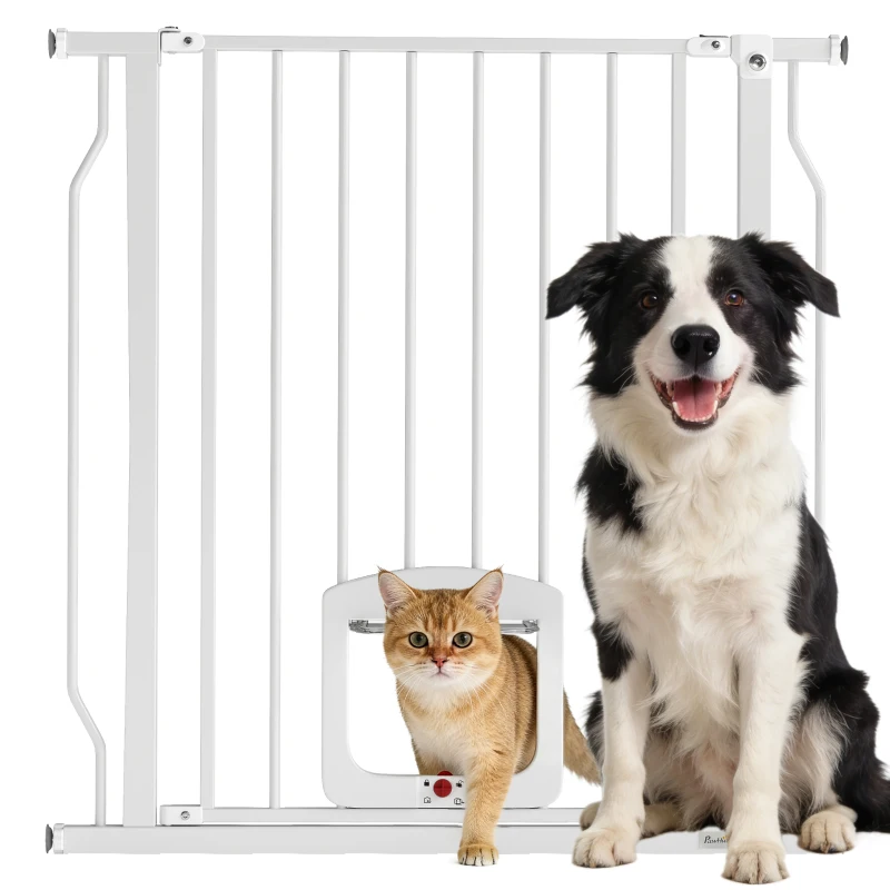 PawHut Treppenschutzgitter Türschutzgitter mit Katzenklappe ohne Bohren 75-85 cm aus Stahl für Hunde, Treppen, Tür, Weiß