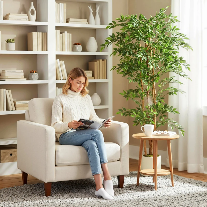 HOMCOM Künstlicher Banyanbaum Kunstpflanze mit Massivholzstamm, Topf, für Wohnzimmer Schlafzimmer Büro 75 x 75 x 180 cm Grün