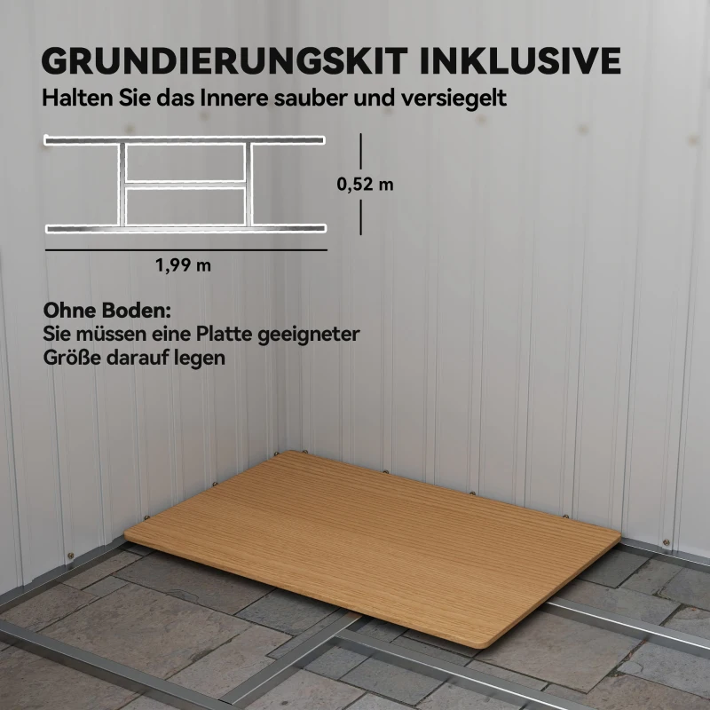 Outsunny Geräteschuppen, mit Lüftungsfenstern, Schiebetüren, verzinkter Stahl, 213 x 130 x 172 cm, Hellgrau