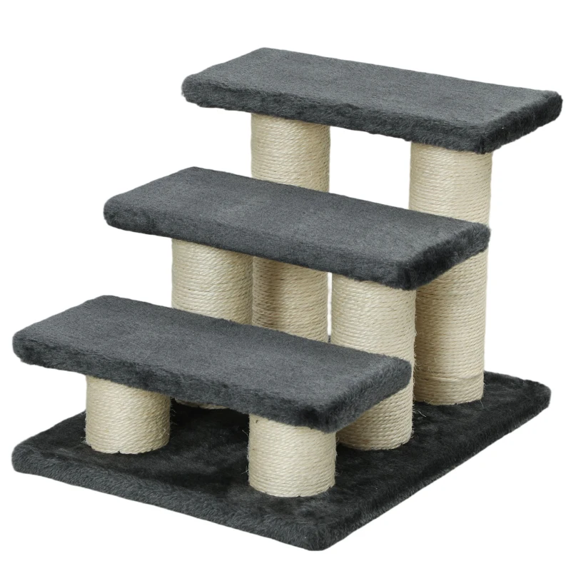 PawHut Hundetreppe 3 Stufen 34 cm Hoch Haustiertreppe für Hunde Katze Katzentreppe mit Kratzstamm Hunderampe Einstiegshilfe für Bett, Sofa, Couch Dunkelgrau