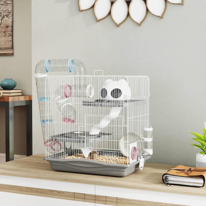 PawHut Cage hamster, cage rongeur à 3 niveaux, roue d'exercice, tunnel, gamelle, niche et rampe d'accès, 45 x 30 x 45 cm, gris