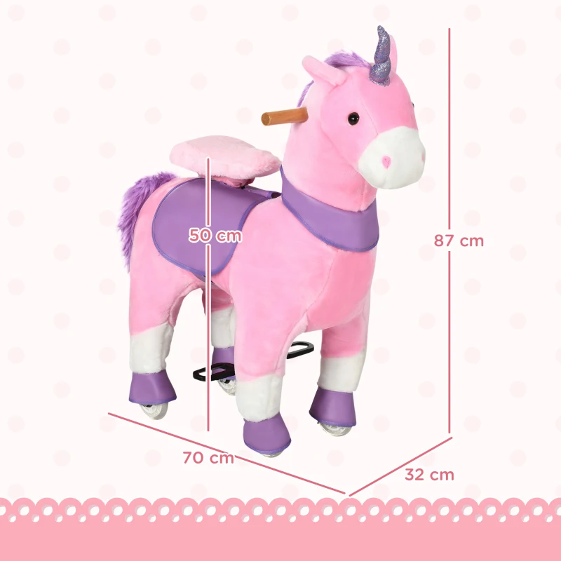 HOMCOM Cavallo a Dondolo con Ruote a Forma di Unicorno per Bambini da 3-6 Anni, 70x32x87cm, Rosa