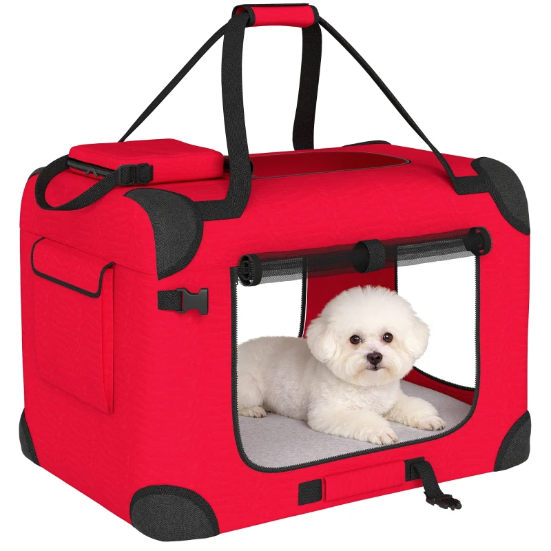 PawHut Trasportino per Cani Pieghevole 60x41,5x41 cm con Finestre in Rete Cuscino Morbido e 2 Maniglie per Cani Miniatura e Gatti Rosso