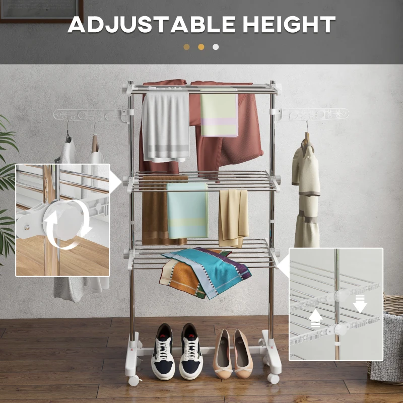 HOMCOM 3-Tier Clothes Airer, Stainless Steel Foldable Clothes Drying Rack with Wheels and Wings, Indoor and Outdoor, Easy Assembly, 142 x 55 x 152cm, White