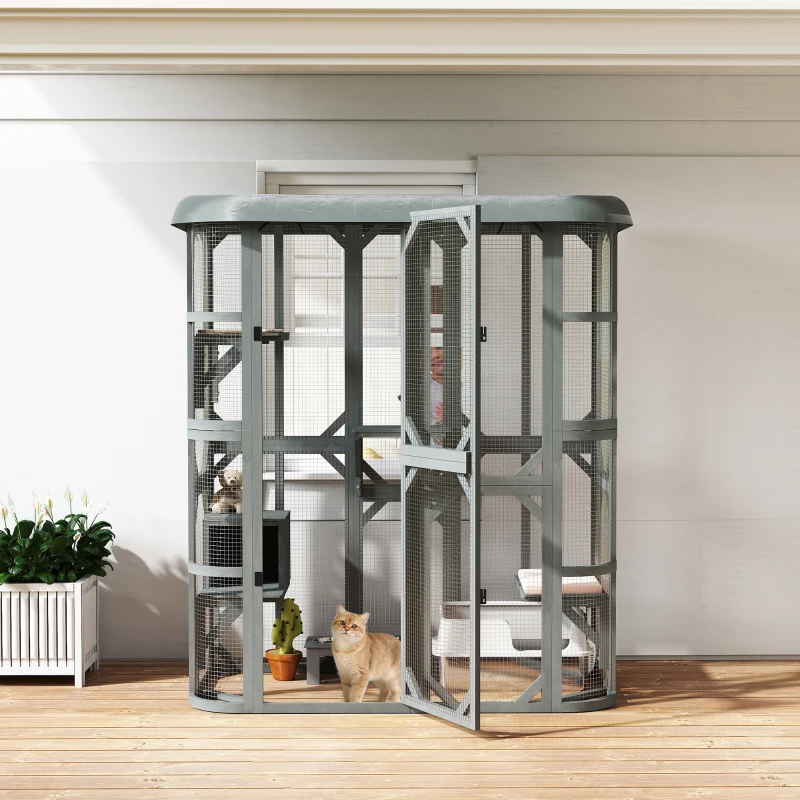 PawHut Catio Outdoor Cat Enclosure,  Wooden Cat House with Platforms, Condo and Waterproof Cover for 2–3 Kittens, Grey
