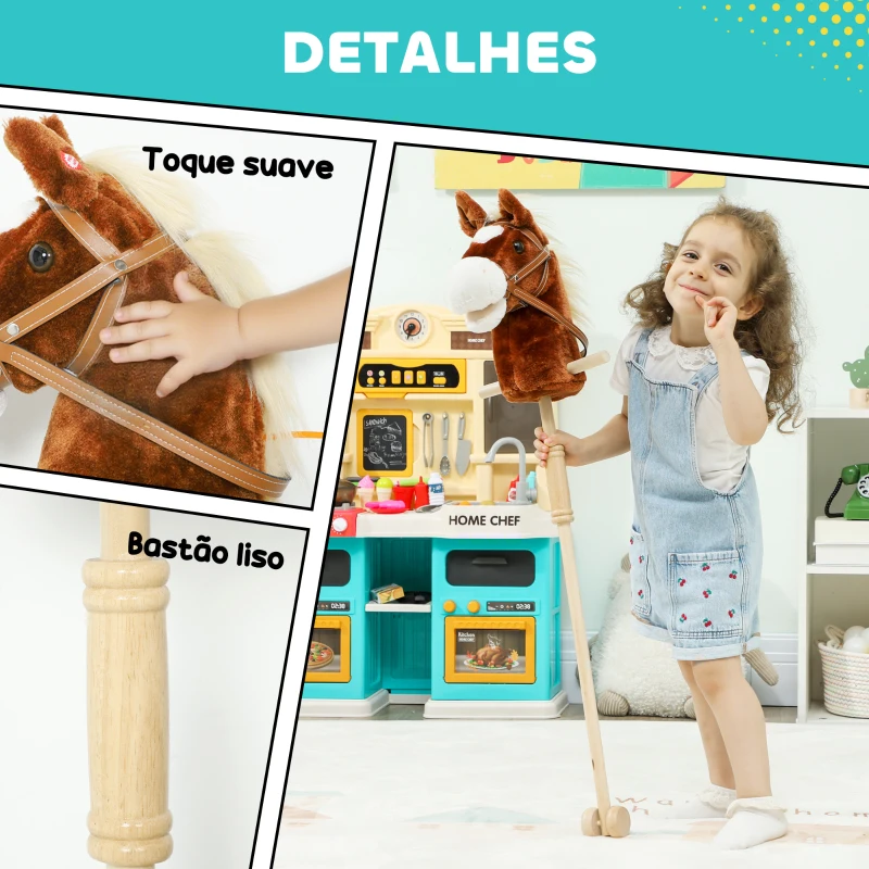 AIYAPLAY Cavalo com Pau de Madeira Sons e Rodas Cavalo de Brinquedo 95x25x27 cm Castanho