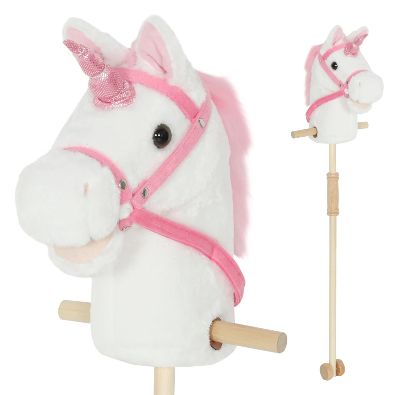 AIYAPLAY Unicorn Stick Horse with Wood Wheels, Real Pony Neighing and Galloping Sounds, Grip Handle, 95 cm, White