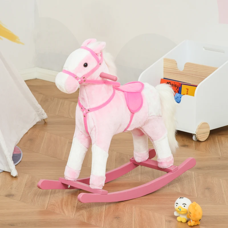HOMCOM Cheval à Bascule en Bois et Peluche pour Enfant Cheval de Cowboy peluche Pour Enfants de 3-6 Ans Jouet balançoire avec Effet sonore Selle rênes Rose Blanc