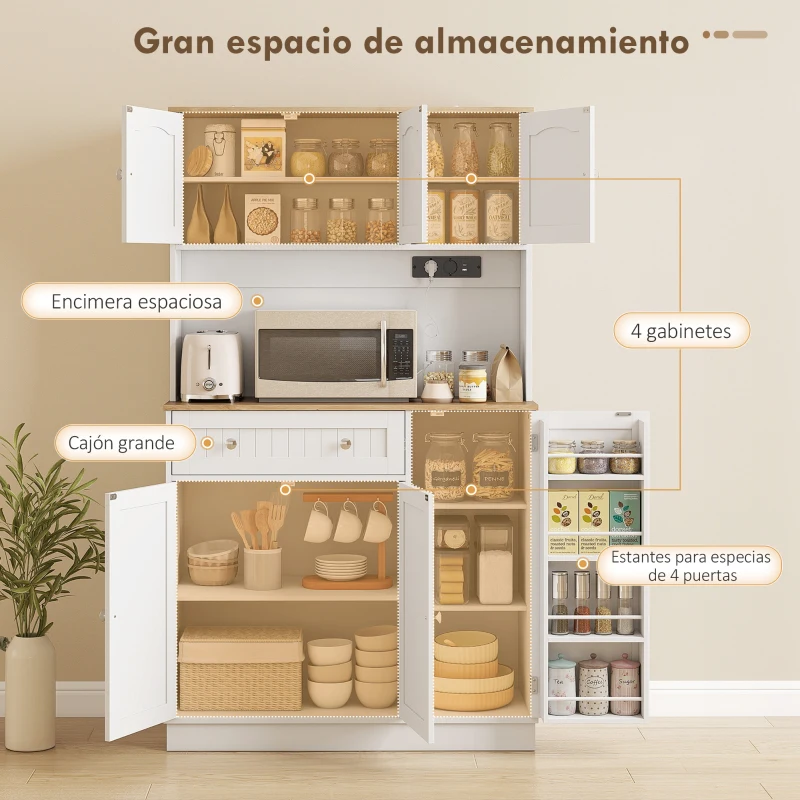 HOMCOM Alacena de Cocina con Estación de Carga 6 Puertas 1 Cajón Estantes Ajustables Encimera Amplio 100x40x173 cm Blanco