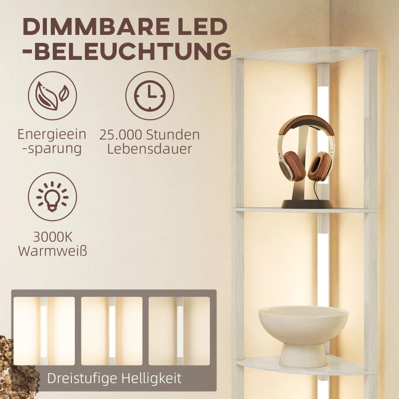 HOMCOM LED Standleuchte, Eckregal, dimmbar, 4 Ablagen, warmweißes Licht, 41x30x164cm, Eiche
