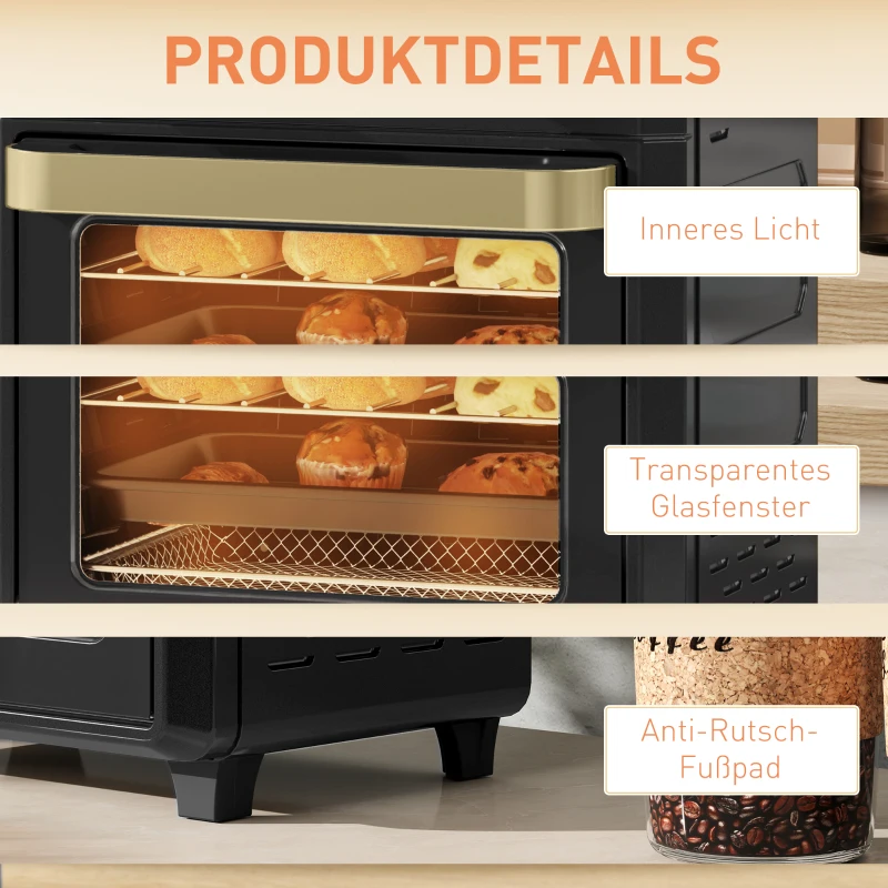 HOMCOM Minibackofen mit Umluft, Heißluftfritteuse, Timer, Innenbeleuchtung, 10L, Schwarz
