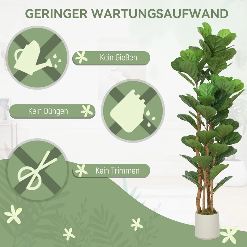 HOMCOM Künstlicher Geigenfeigenbaum Kunstpflanze mit 71 Blättern, Massivholzstamm, Topf, 50 x 50 x 150 cm, Grün