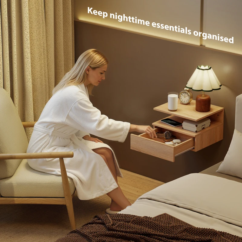 HOMCOM Set of Two Floating Bedside Tables - Oak Tone