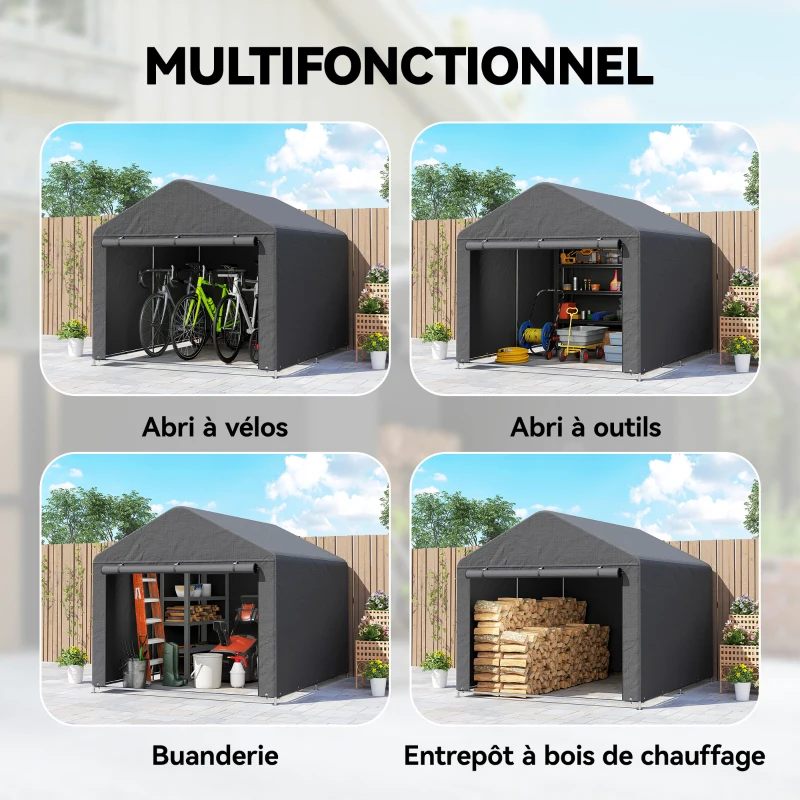 Outsunny Abri de jardin tente de stockage imperméable abri moto porte enroulable fermeture éclair, 200 x 238 x 183 cm, gris foncé