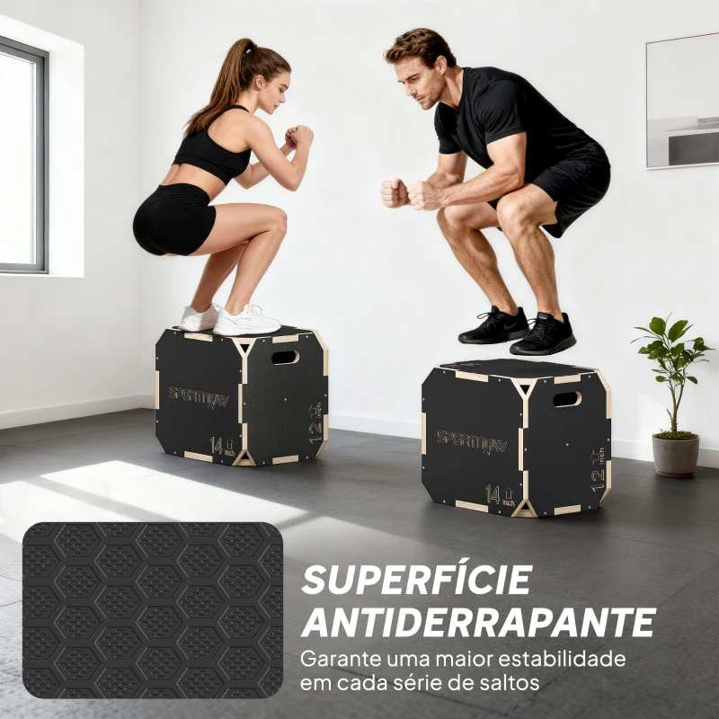 SPORTNOW Caixa Pliométrica de Madeira 3 em 1 com 3 Alturas Diferentes Pegas Sem Cantos Treino de Saltos 41x36x31 cm Preto