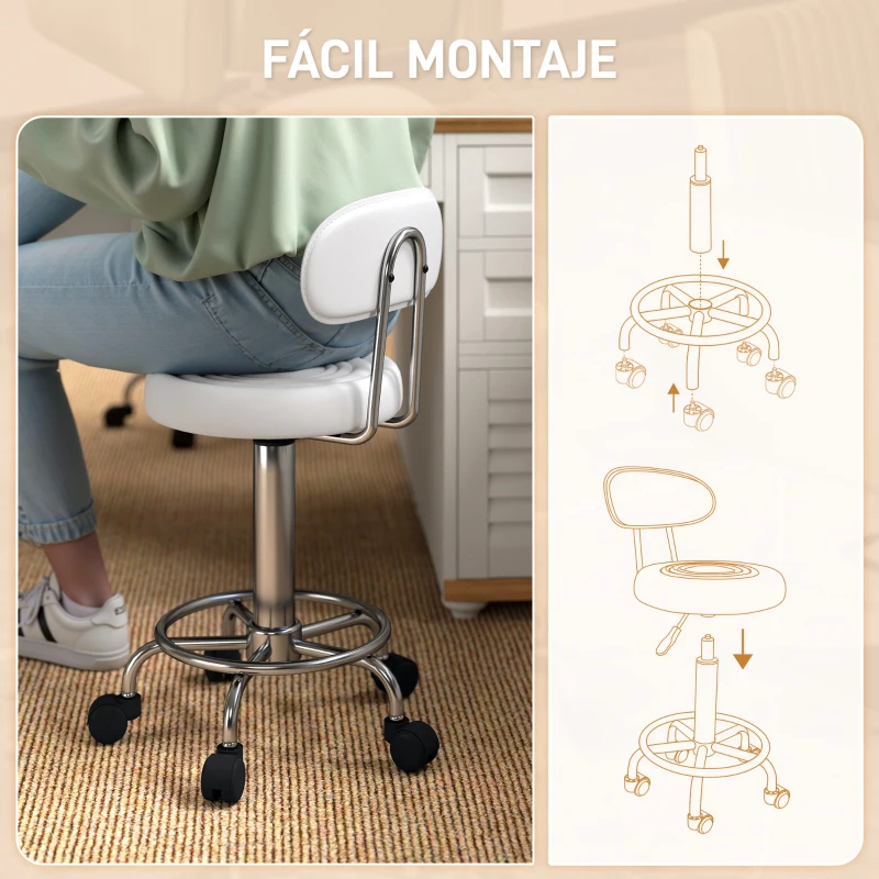 HOMCOM Taburete Giratorio con Respaldo y Ruedas Silla Ajustable para Salón de Belleza Estudio de Tatuajes 32x40x70-86cm Blanco