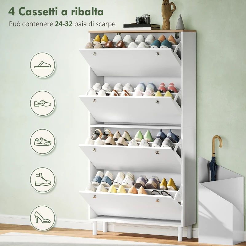 HOMCOM Scarpiera Slim con 4 Cassetti Ribaltabili e Ripiani Regolabili per 24-32 Scarpe, 80x23.5x157 cm, Bianco