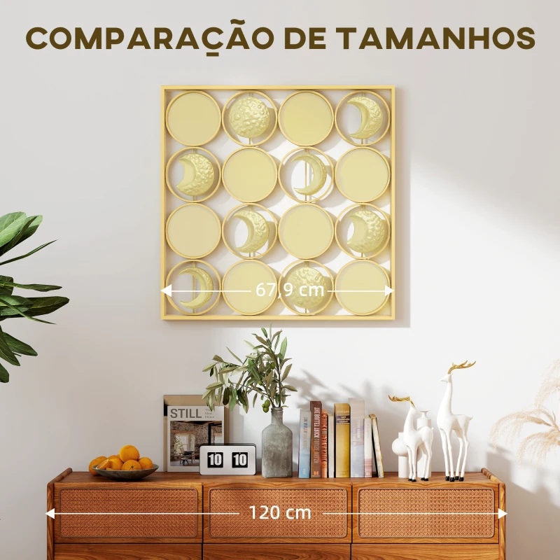 HOMCOM Decoração de Parede Metálica de Fases Lunares com 16 Discos para Sala Quarto Corredor 67,9x67,9 Dourado
