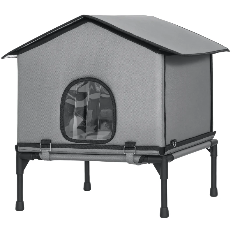 PawHut Outdoor Cat House, Waterproof Insulated Cat Kennel with Elevated Base, Foldable Feral Kitty Shelter for Kittens, Grey
