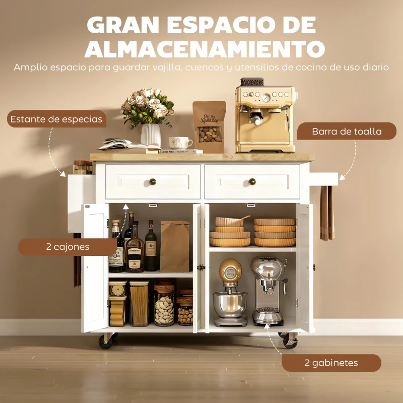 HOMCOM Isla de Cocina con Ruedas Mueble Auxiliar de Cocina con Especiero y Barra Lateral 111x44,5x82,5 cm Blanco