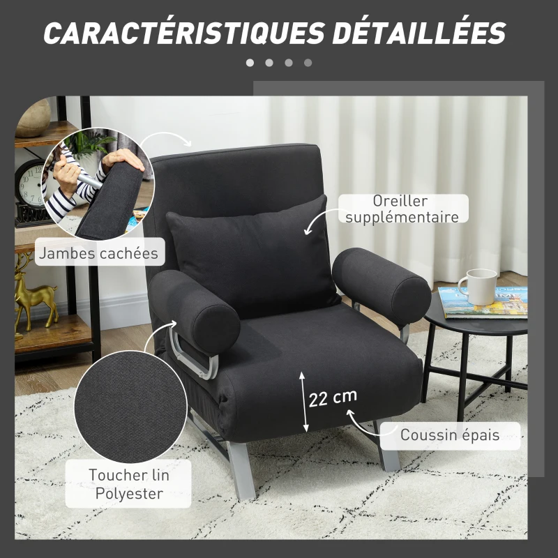 HOMCOM Fauteuil chauffeuse canapé-lit Convertible inclinable 1 Place Coussin lombaires accoudoirs piètement métal Lin Noir