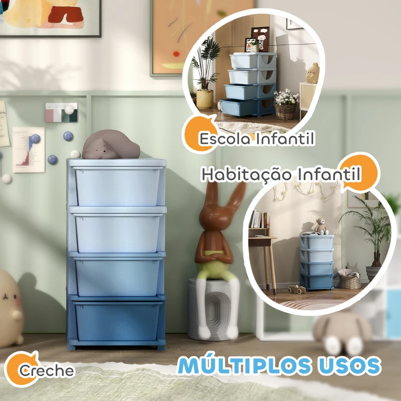 HOMCOM Organizador de Brinquedos com 4 Gavetas Torre de Arrumação para Crianças +3 Anos Cantos Arredondados e Pegas 37x37x76 cm Azul