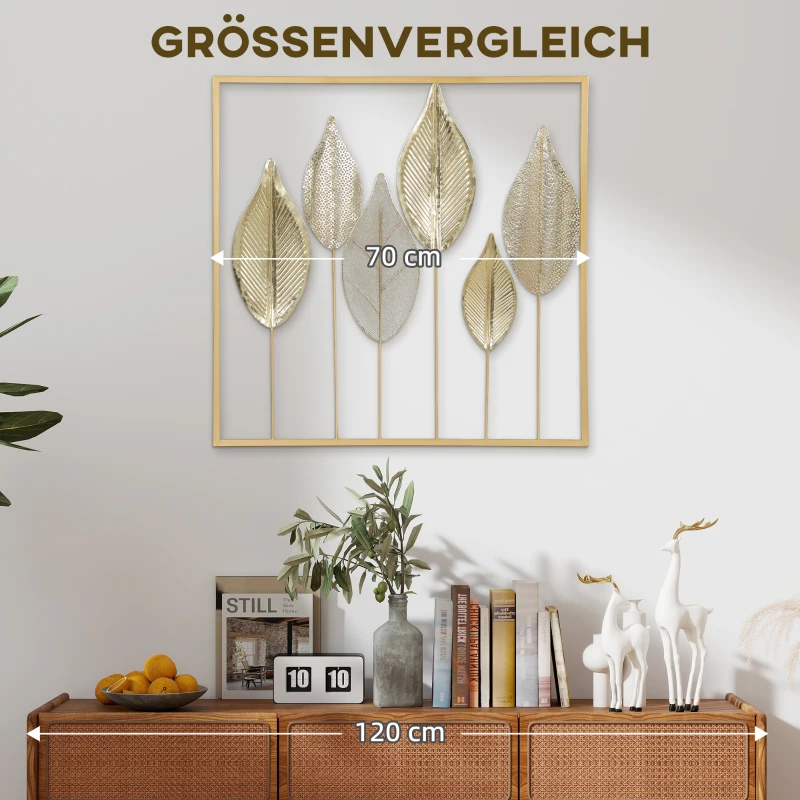 HOMCOM Metallrahmen mit Blattdesign, Wandschmuck, moderner Stil, Goldfarben