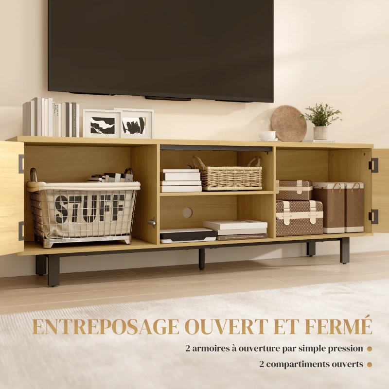 HOMCOM Meuble TV, meuble télé jusqu'à 65 pouces, 2 portes à ouverture par pression et 2 étagères, 160x35x55,5cm, bois naturel