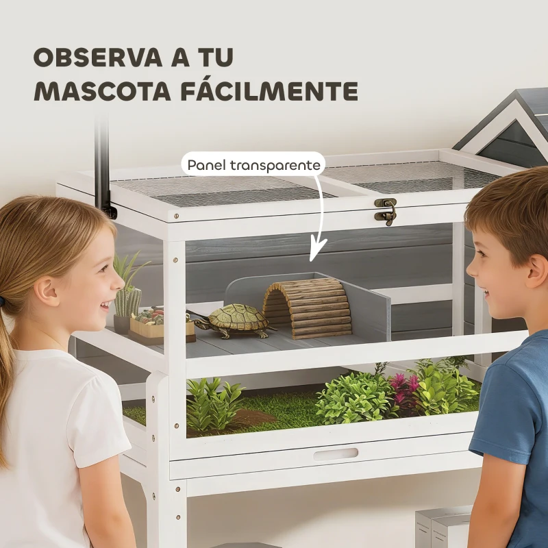 PawHut Casa para Tortugas de Madera con Soporte para Lámpara Ajustable Techos Abatibles Bandeja Extraíble y Estante Inferior