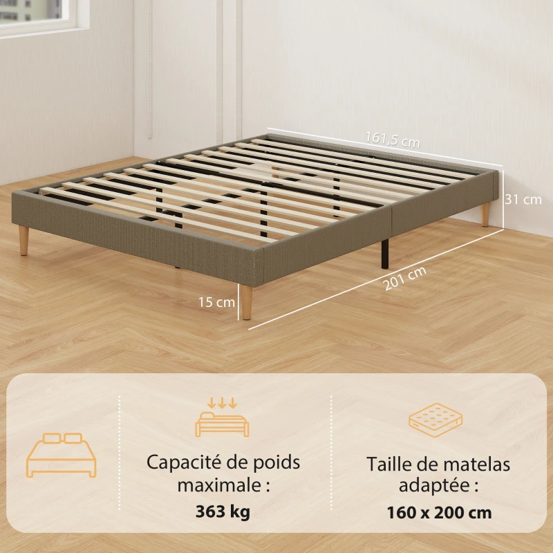 HOMCOM Cadre de lit 160 x 200 cm avec sommier à lattes en bois, lit double rembourré en velours côtelé, gris