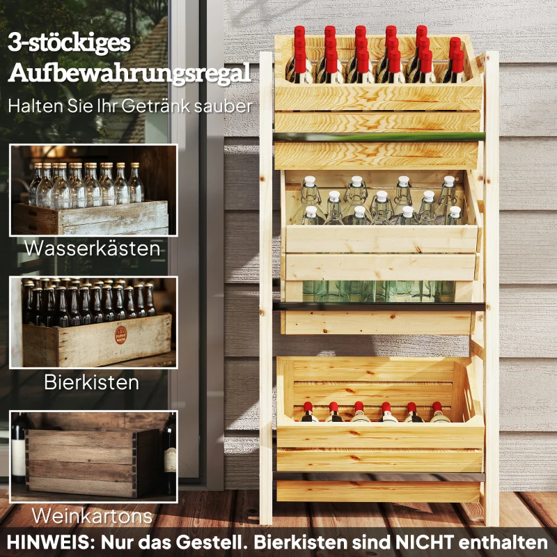 Outsunny Getränkekistenregal für 3 Getränkekisten Getränkeregal Holz Kistenregal mit 3 Ebenen 56 x 32 x 112 cm Naturholz