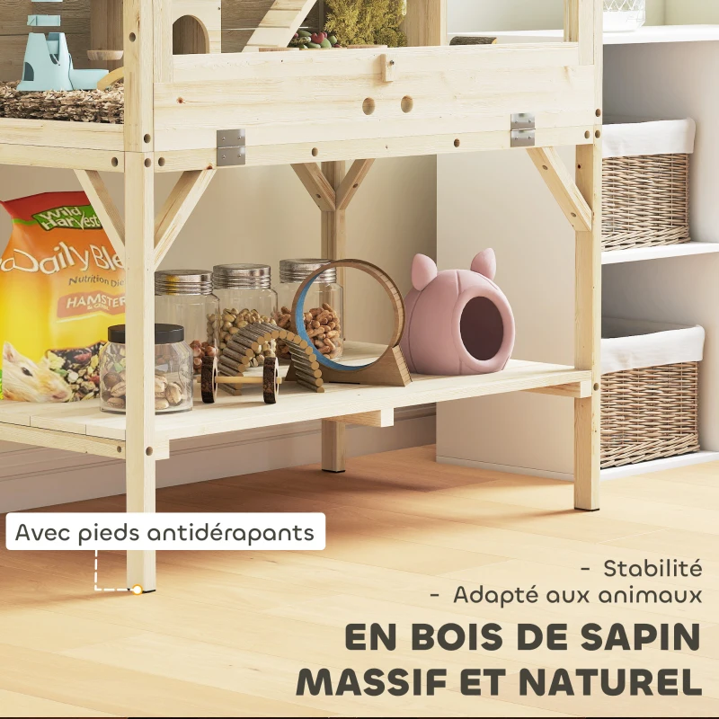 PawHut Cage hamster en bois, cage rongeur à 2 niveaux, étagère de rangement, couvercle ouvrant, 84 x 53 x 110 cm, bois naturel
