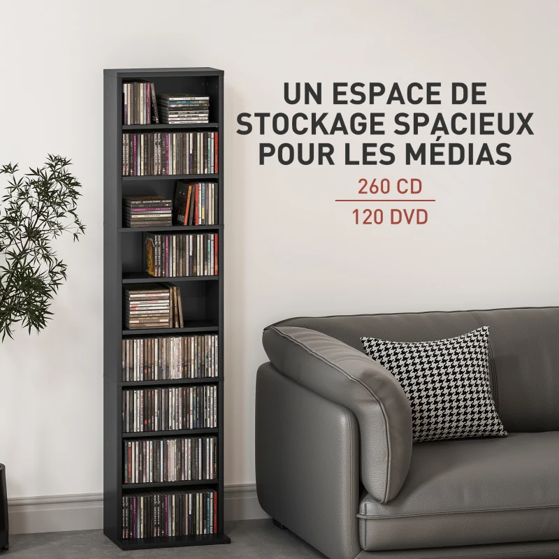HOMCOM Rangements pour CD et DVD 9 compartiments et 6 étagères réglables capacité max. 260 CD/120 DVD 33 x 24 x 140 cm noir