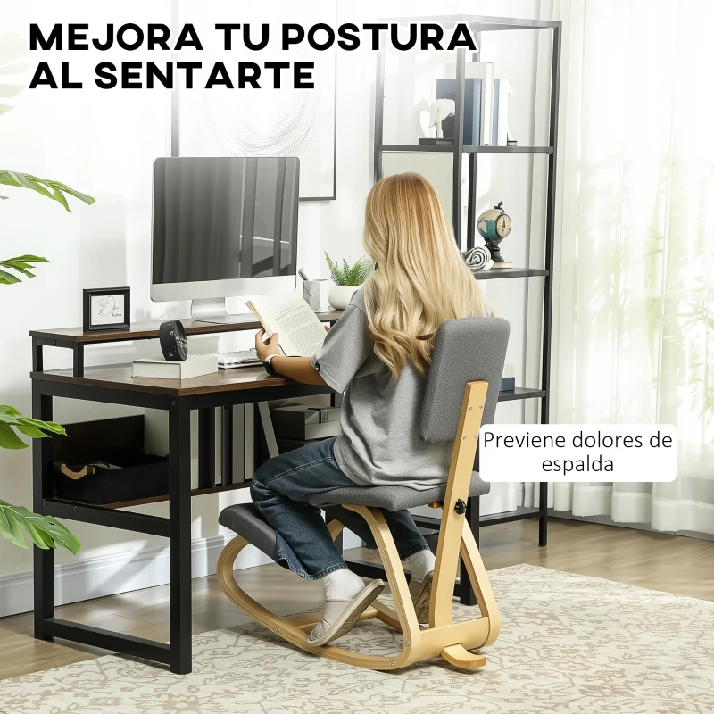 HOMCOM Silla Ergonómica de Rodillas con Respaldo Cojines Acolchados Marco de Madera para una Mejor Postura Oficina Gris