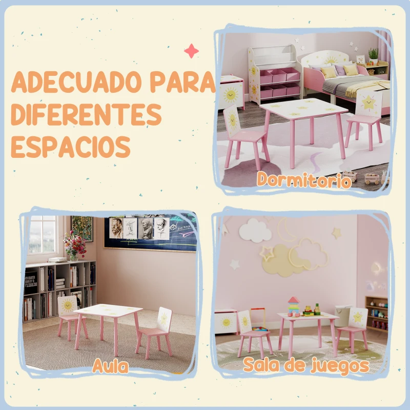 AIYAPLAY Mesa y Sillas Infantiles de 3 Piezas Mesa Infantil con 2 Sillas de Madera de Pino para niños de +3 Años 60x60x44 cm Rosa