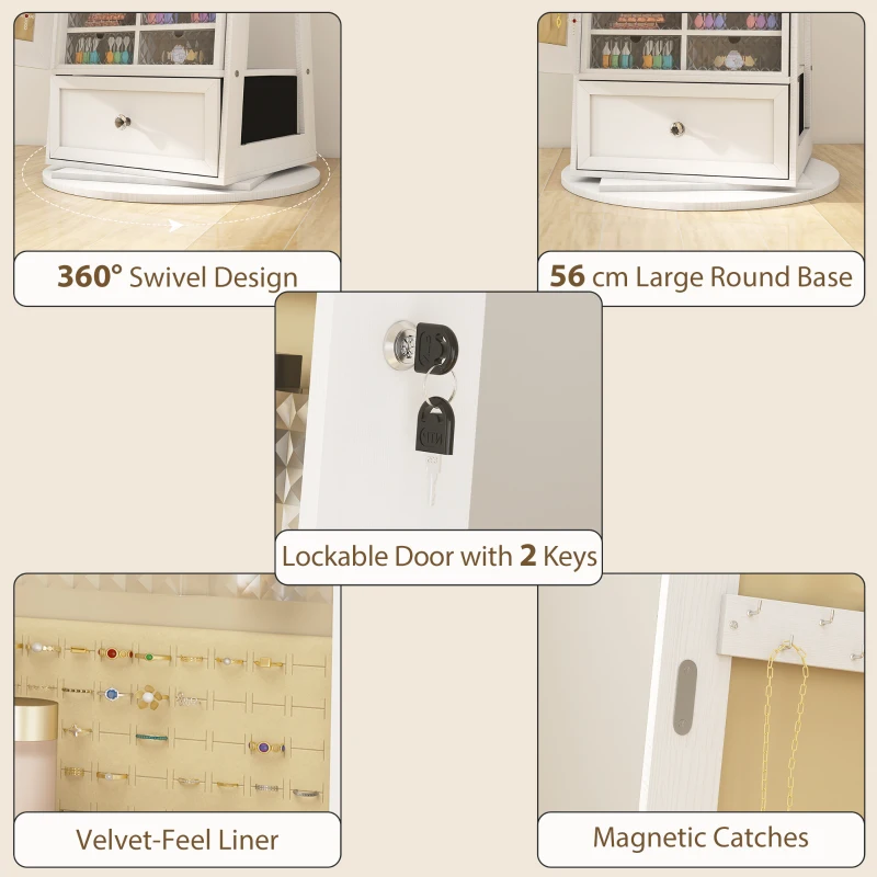 HOMCOM Miroir Coffre à Bijoux avec LED Armoire à Bijoux Miroir Pleine Longueur Pivotante 360° Tiroir Serrure Blanc