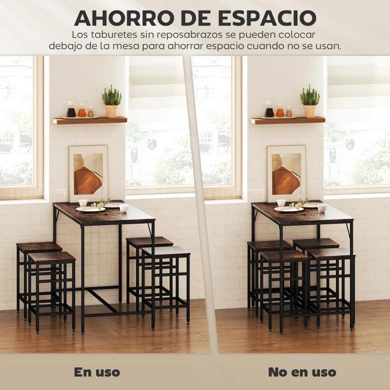 HOMCOM Mesa Alta de Cocina con 4 Taburetes Industrial Reposapiés Ahorro de Espacio para Espacios Reducidos Marrón Rústico