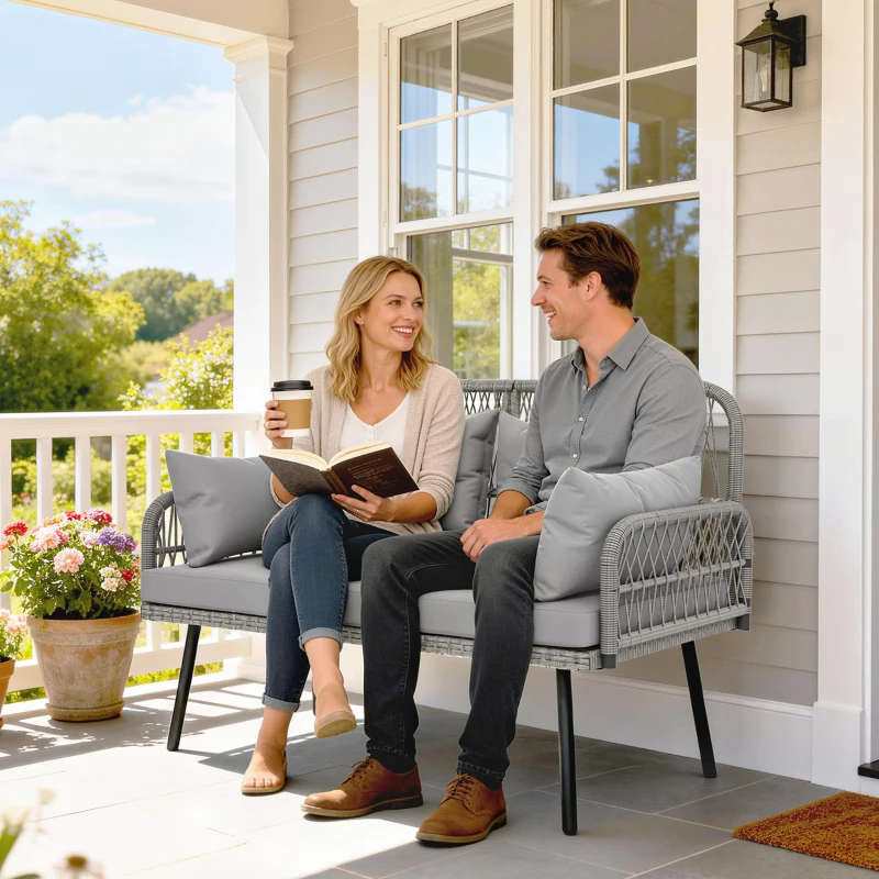 Outsunny Sofá de Jardim com Almofadas e Travesseiros 2 Lugares em Vime Trançado Sofá de Exterior com Apoios de Braço Cinza Escuro