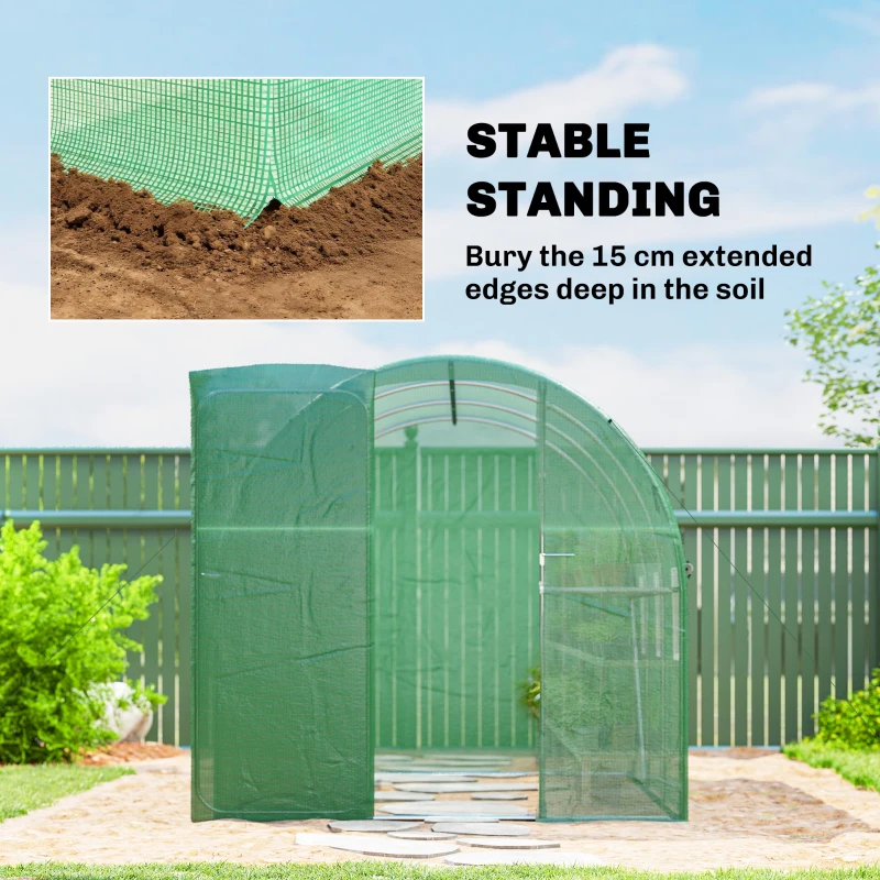 Outsunny Invernadero 3 x 2 x 2 m túnel de plástico con puerta abatible con cerradura 6 ventanas enrollables de malla varillas de soporte
