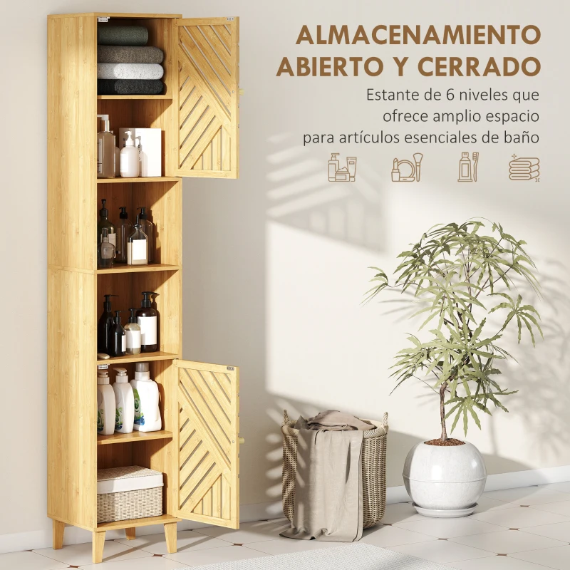 HOMCOM Columna de Baño Estrecha con Puertas y Patas de Bambú Estantes Ajustables Compartimento Abierto 32x30x170 cm Natural