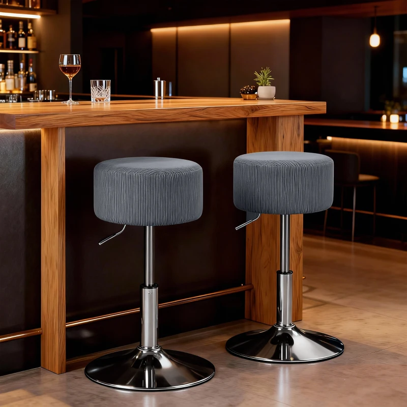 HOMCOM Taburete de Cocina Regulable en Altura 52-66 cm Tapizado en Pana Giratorio en 360° Gris